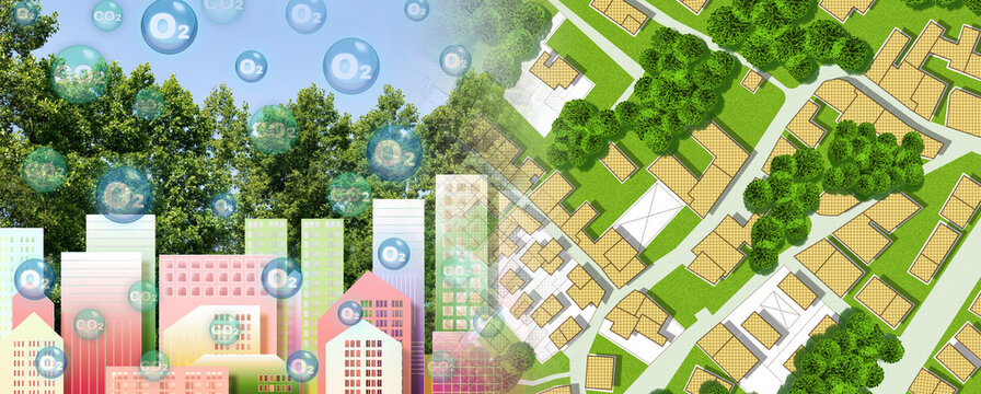 Trees canopy and cityscape with oxygen O2 and carbon dioxide CO2 molecules - Carbon dioxide absorption and oxygen release to improve air quality in cities - concept image
