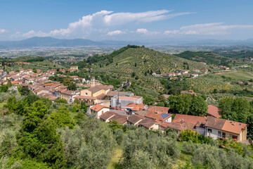 Top view of Carmignano, Prato, Italy and its surroundings, on a sunny day