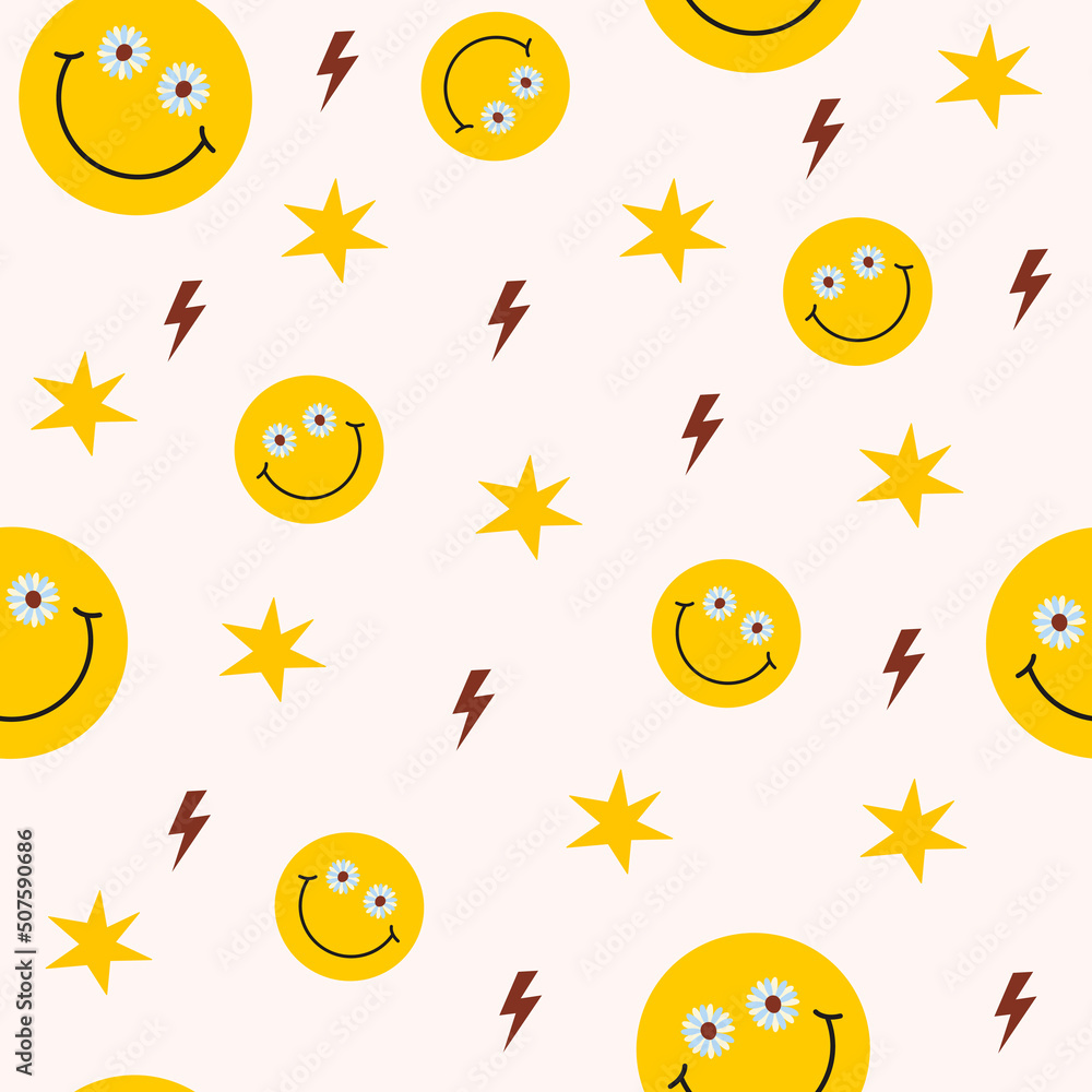 Poster retro groovy seamless pattern with smiling faces and stars on a light background. cute colorful tren