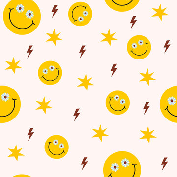 Retro groovy seamless pattern with smiling faces and stars on a  light background. Cute colorful trendy vector illustration in style 60s, 70s