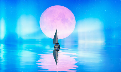 Sailing luxury yacht along the route over dark sea with full moon- Northern lights aurora borealis...