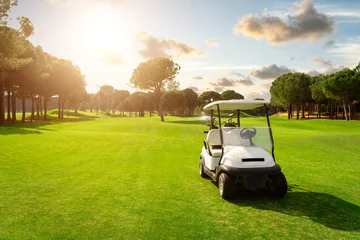 Fotobehang Golf cart in fairway of golf course with green grass field with cloudy sky and trees at sunset © SDF_QWE