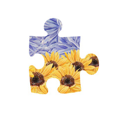 Watercolor puzzle silhouette of wildflowers, sunflowers in Ukrainian flag colors. Vivid template. Stand with Ukraine concept. For T-shirt, posters print, cards, posters, fabric, magazines, advertising