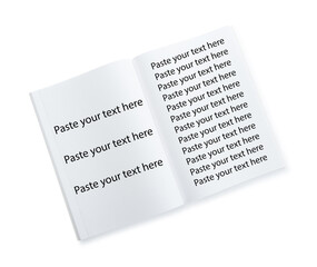 Fototapeta premium Open notebook with many phrases Paste Your Text Here on white background, top view