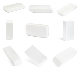 Collage of rubber erasers on white background