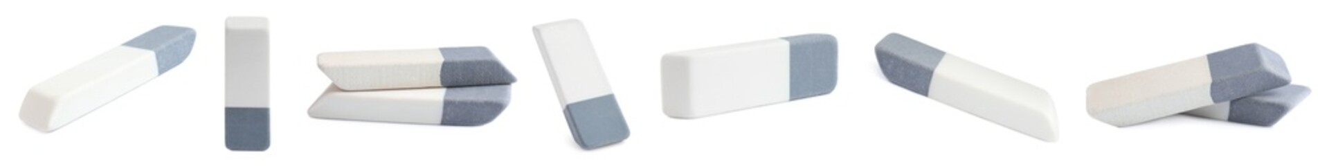 Collage of rubber erasers on white background. Banner design