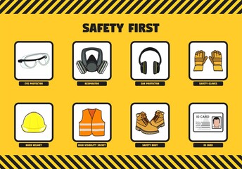 Safety first tools infographic diagram eye ear protector respirator glove helmet high visibility jacket boot id card cartoon vector drawing chart illustration scheme sign logo object awareness concept - obrazy, fototapety, plakaty