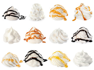Set with delicious fresh whipped cream on white background