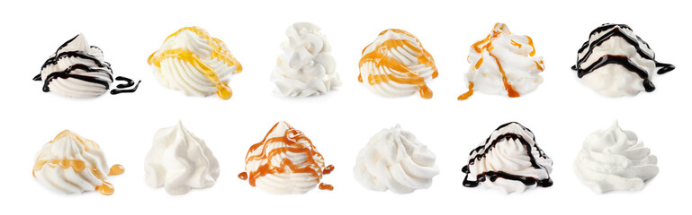 Set with delicious fresh whipped cream on white background. Banner design