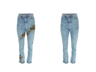 Stylish jeans before and after washing on white background, collage. Dry-cleaning service