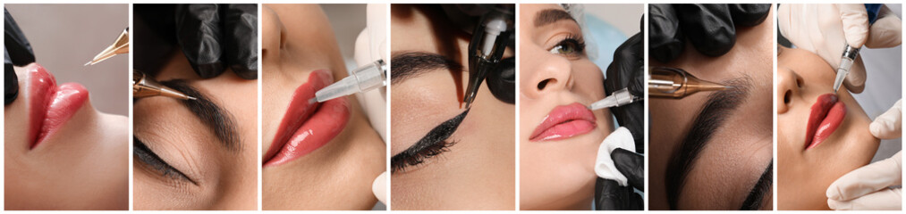 Collage with different photos of women undergoing permanent makeup procedures. Banner design - obrazy, fototapety, plakaty