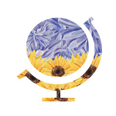Watercolor silhouette of globe, wildflowers, sunflowers in Ukrainian flag colors. World geography concept. Stand with Ukraine. For T-shirt, posters print, cards, magazines, advertising, school books