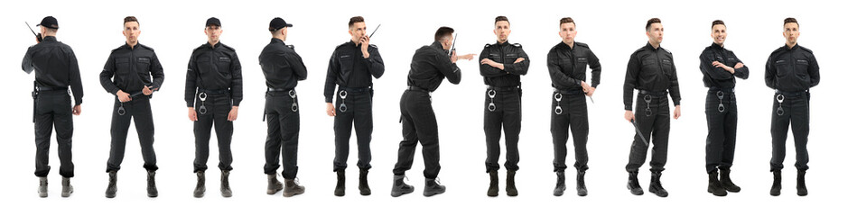 Collage of professional security guard on white background. Banner design - obrazy, fototapety, plakaty