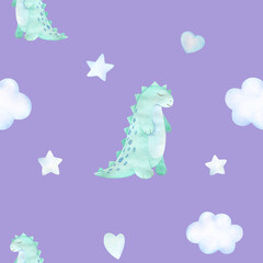 Watercolor baby seamless pattern with toy mint dinosaur, clouds and stars