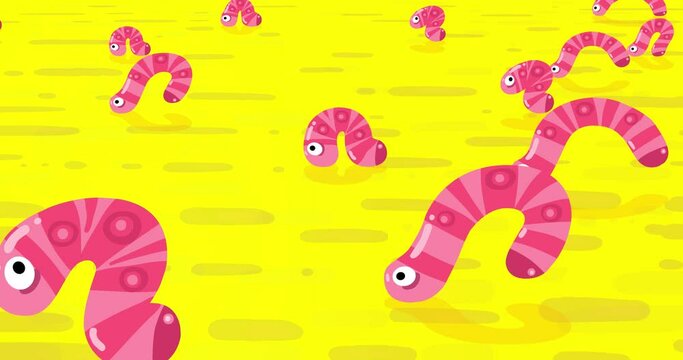 Cartoon pink worm herd loop with yellow ground background. Cute character animals walking from right to left. Pink stripes. They are a nice society of baby insects. Good for any use.