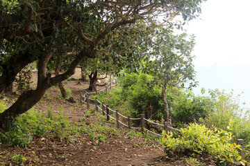 Hilltop fence line marking cliff edge of scenic lookout, natural wooden fence construction with...