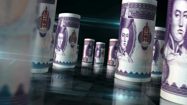 Mongolian Togrog, Tugrik rolls loop 3d animation. Money on the table. Seamless and loopable abstract concept of economy, finance, business and recession in Mongolia. Camera between MNT rolled banknote