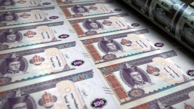 Mongolian Togrog, Tugrik money banknotes printing roll machine loop. Paper MNT bank note print 3d looping seamless. Abstract concept of banking, debt, finance, economy and crisis in Mongolia.