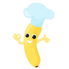 Banana in a chef's hat in cartoon style. Character design for baby products, icons, textiles, kitchen textiles and inventory. Cheerful and happy fruit isolated on white background.