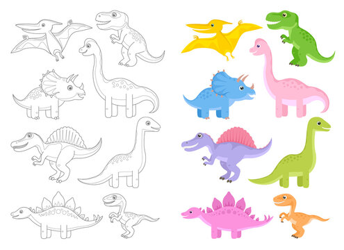 Coloring page  of cartoon dinosaurs. Outlined and colored funny vector dino. Simple flat Stegosaurus, Brachiosaurus, Pteranodon, Velociraptor, Tyrannosaurus, Triceratops, Brontosaurus, Spinosaurus