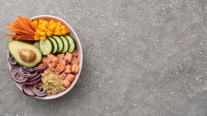 Banner Poke bowl from Quinoa with salmon and vegetables, healthy lunch, balanced diet.