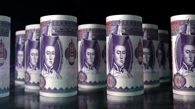 Mongolian Togrog, Tugrik money rolls loop 3d animation. Camera moving in front of the MNT rolling banknotes. Seamless loopable concept of economy, finance, business and debt in Mongolia.