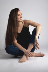 Beauty, fashion and make-up concept. Portrait of happy, beautiful, slim, tall and sexy looking...