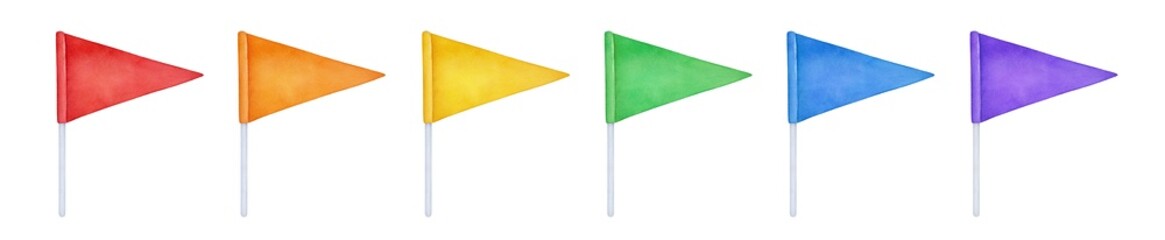 Watercolour illustration set of little flags in red, yellow, orange, green, light blue and violet colors. Blank triangular shape. Hand drawn isolated clipart elements on white background for design.