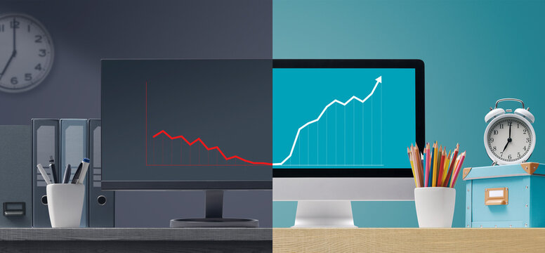 Computers showing different financial trends