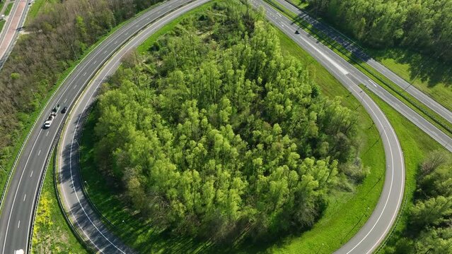Traffic at a highway junction where the A6 and N50 highways cross in Flevoland near Emmeloord in The Netherlands.