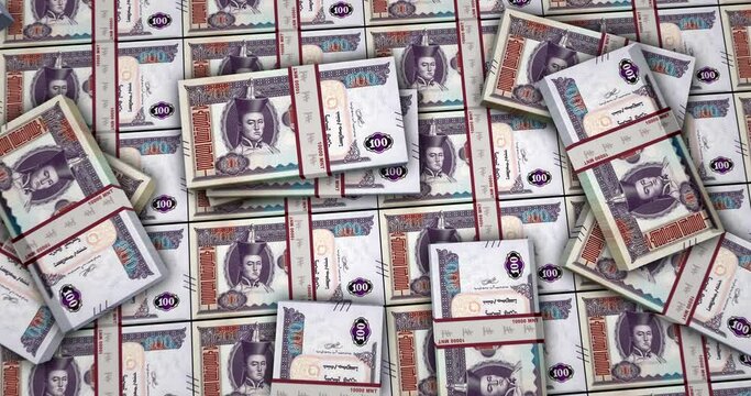 Mongolia Crown banknotes 3d animation. Camera view from close to long distance. MNT money packs. Concept of inflation, economy, crisis, business, banking, debt and finance in Mongolia.