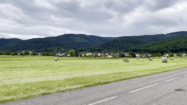 Panorama of the meadows between the Alsatian villages of Wintzfelden and Osenbach in spring