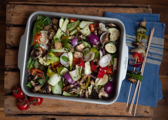 Vegan Barbeque: Cut vegetables in preparation for Barbecue in flatlay top down