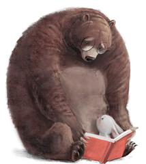 big brown bear with little hare and book - 507595879