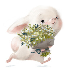 cute white hare character with floral bouquet - 507596010