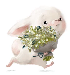 Foto op Aluminium cute white hare character with floral bouquet © cofeee