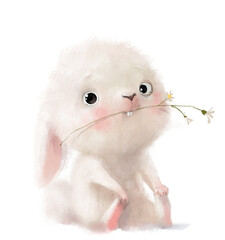 cute lovely cartoon white hare portrait with flower - 507596034