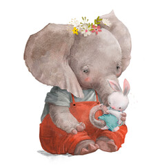 cute cartoon elephant with little white hare