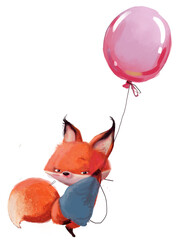 cute little fox character fly with balloon