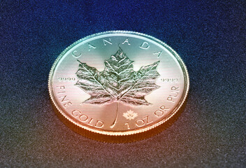 1 ounce 9999 fine gold coin - Canadian maple leaf - macro photo