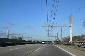 E-highway, test section with electric overhead lines for hybrid trucks on the autobahn in Schleswig...
