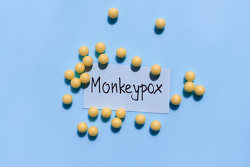 The inscription monkeypox on a blue background surrounded by yellow balls.