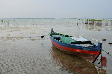 Colourful boat floating on shallow water 