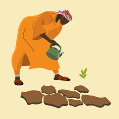 Stop hunger in Africa and world vector illustration. Help and solidarity. Poster stop hunger. No african hunger. Arab watering wheat sprout in african desert.