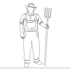 Continuous line drawing male farmer holding pitchfork concept