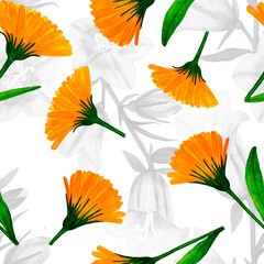 Seamless pattern of bright orange marigold flowers, painted in watercolor, on a light background with a floral pattern.