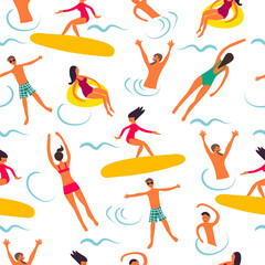 Summertime vintage seamless pattern. Cartoon characters. Vector illustration in flat style.