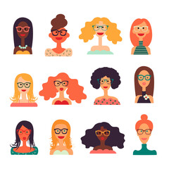 Set of cute woman avatars. Flat vector illustration. Cartoon characters.