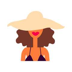 Flat vector illustration of woman avatar. Cute cartoon character. Young and beautiful woman. Summer time female portrait. Isolated on white.