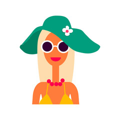 Flat vector illustration of woman avatar. Cute cartoon character. Young and beautiful woman. Summer time female portrait. Isolated on white.